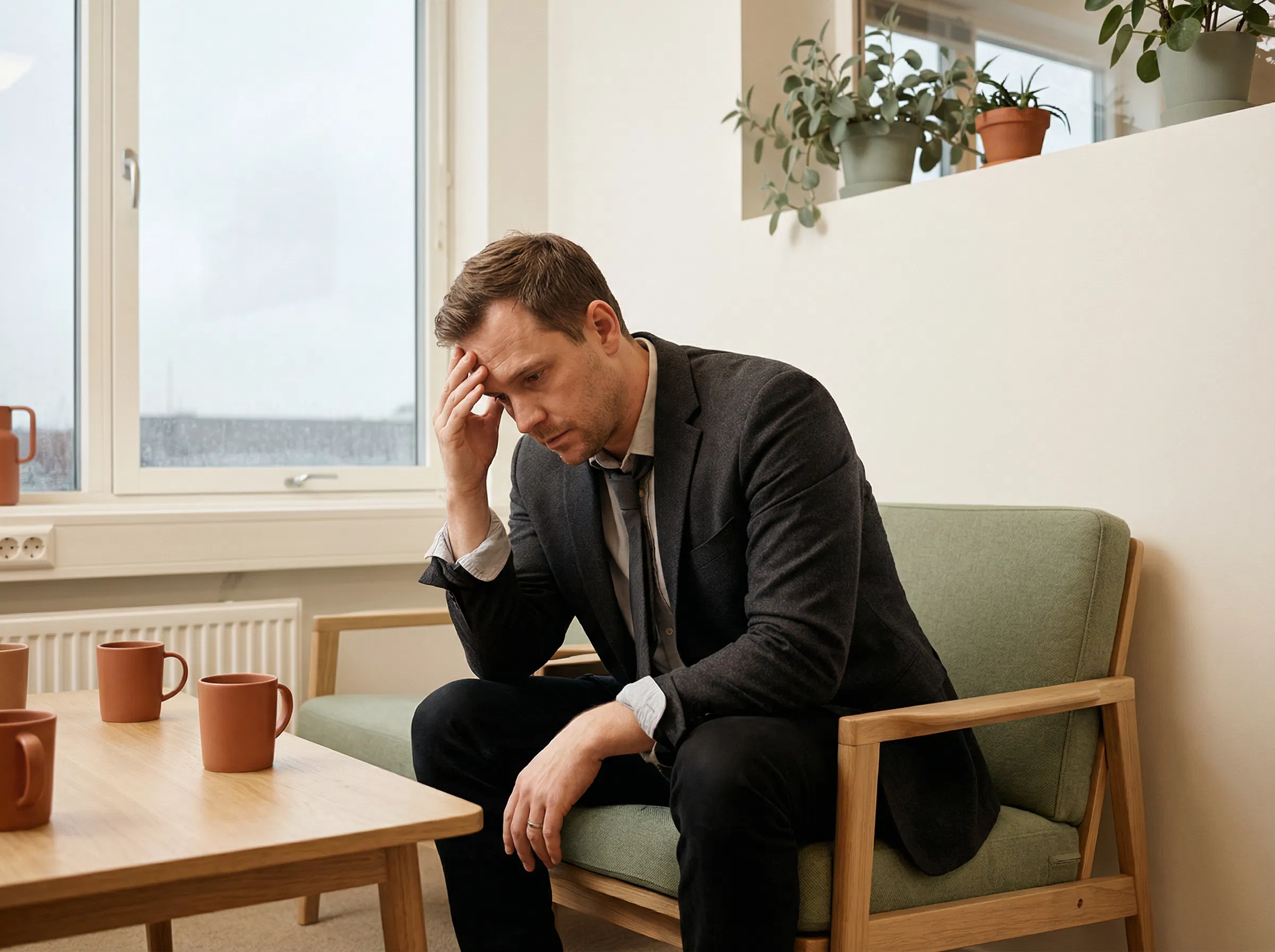Mann im BĂĽro-Pausenraum zeigt sichtbare Anspannung und Stress in Schultern und Nacken