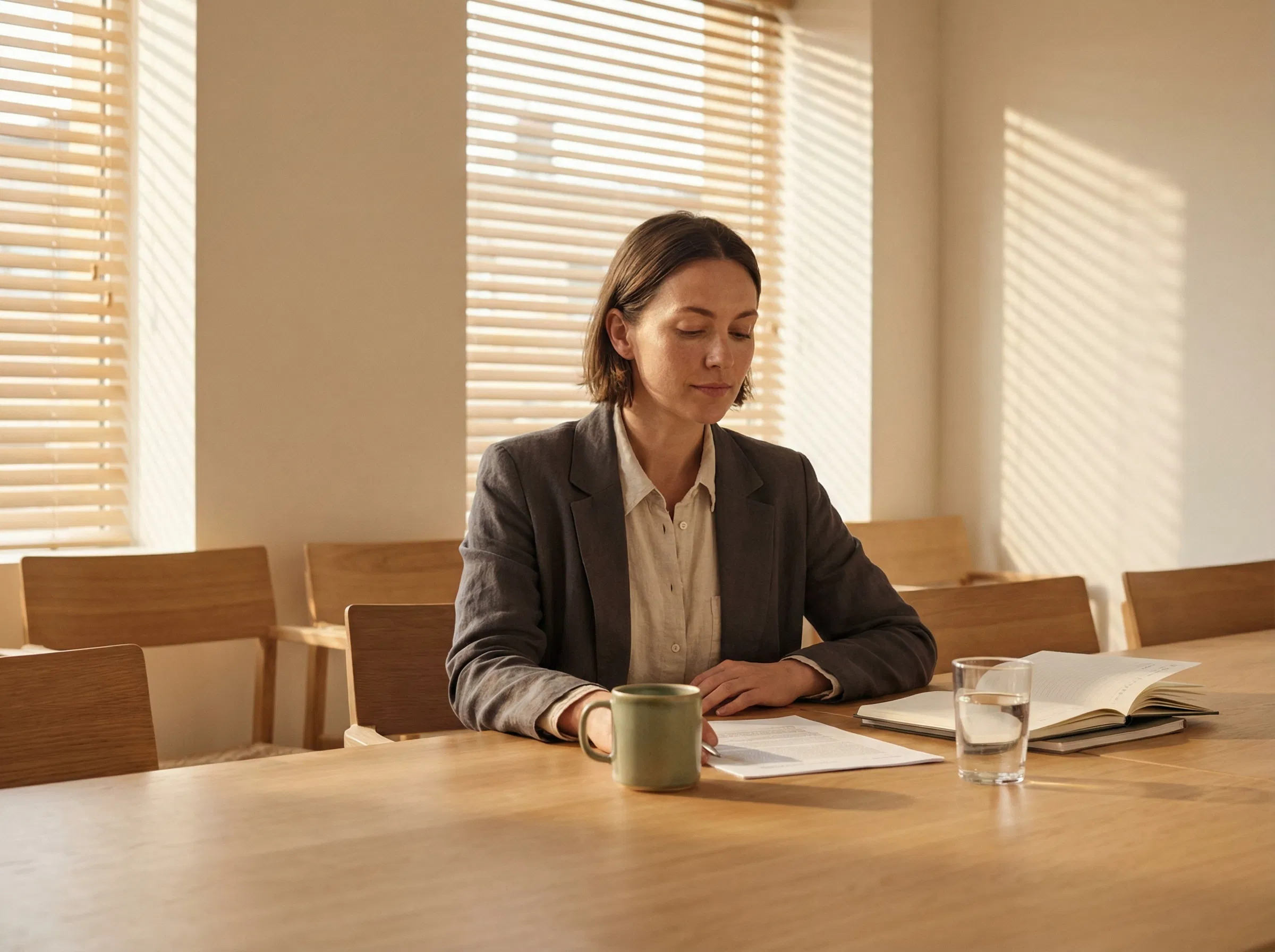 Frau praktiziert diskret Atmung wĂ¤hrend eines Meetings, wĂ¤hrend sie vorgibt, Notizen zu lesen