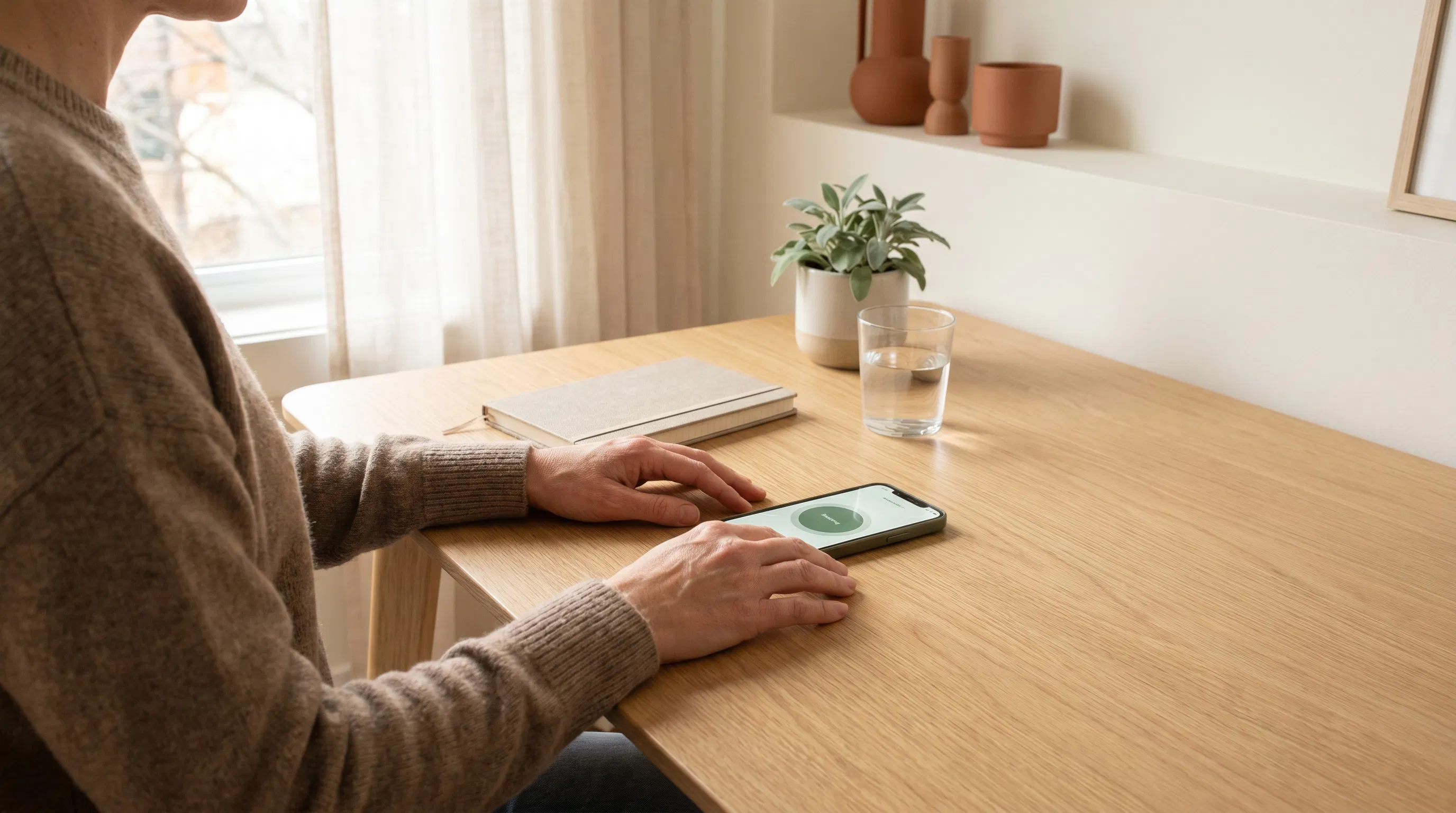 A person in a calm work setting using a simple visual breathing timer beside a notebook and glass of water