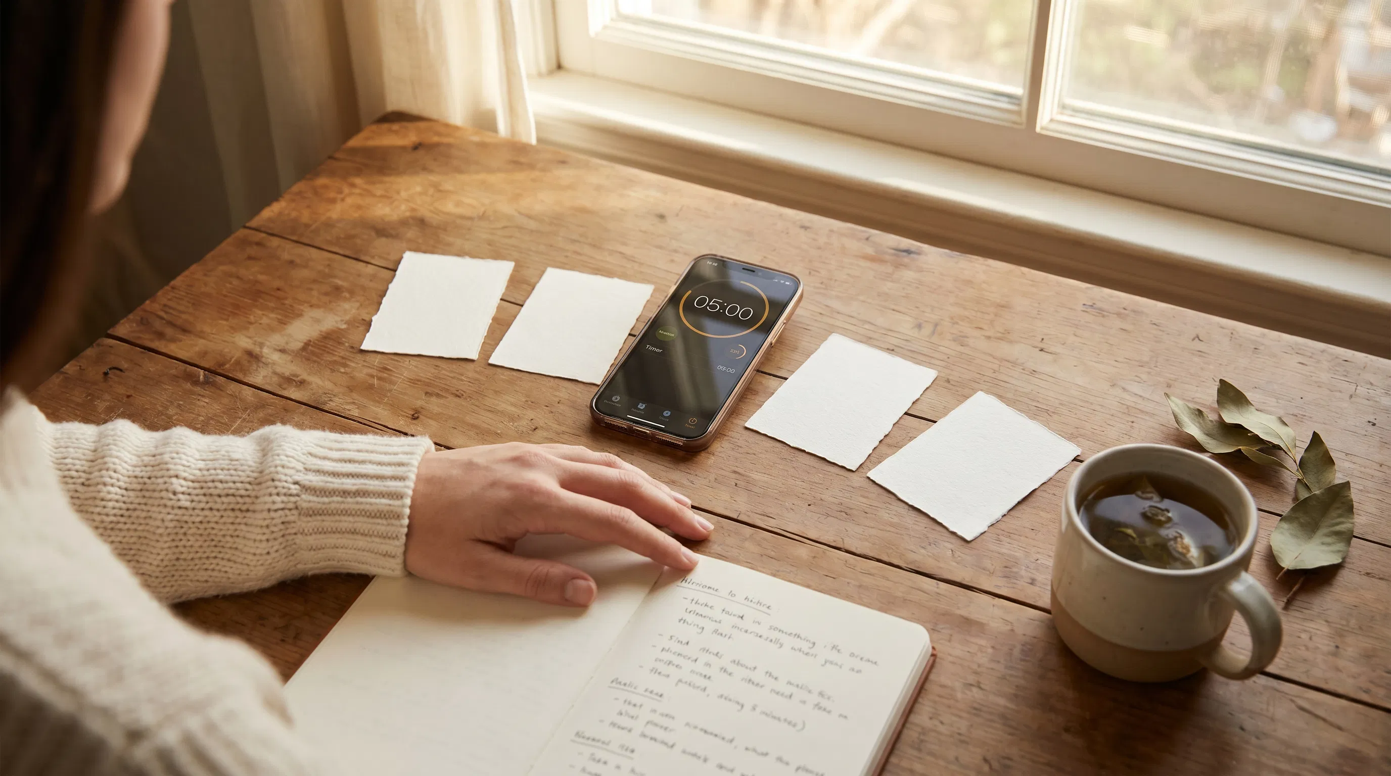 A quiet desk setup with a phone timer, five neutral practice cards, and a hand resting on the edge of a notebook before choosing a breathing exercise
