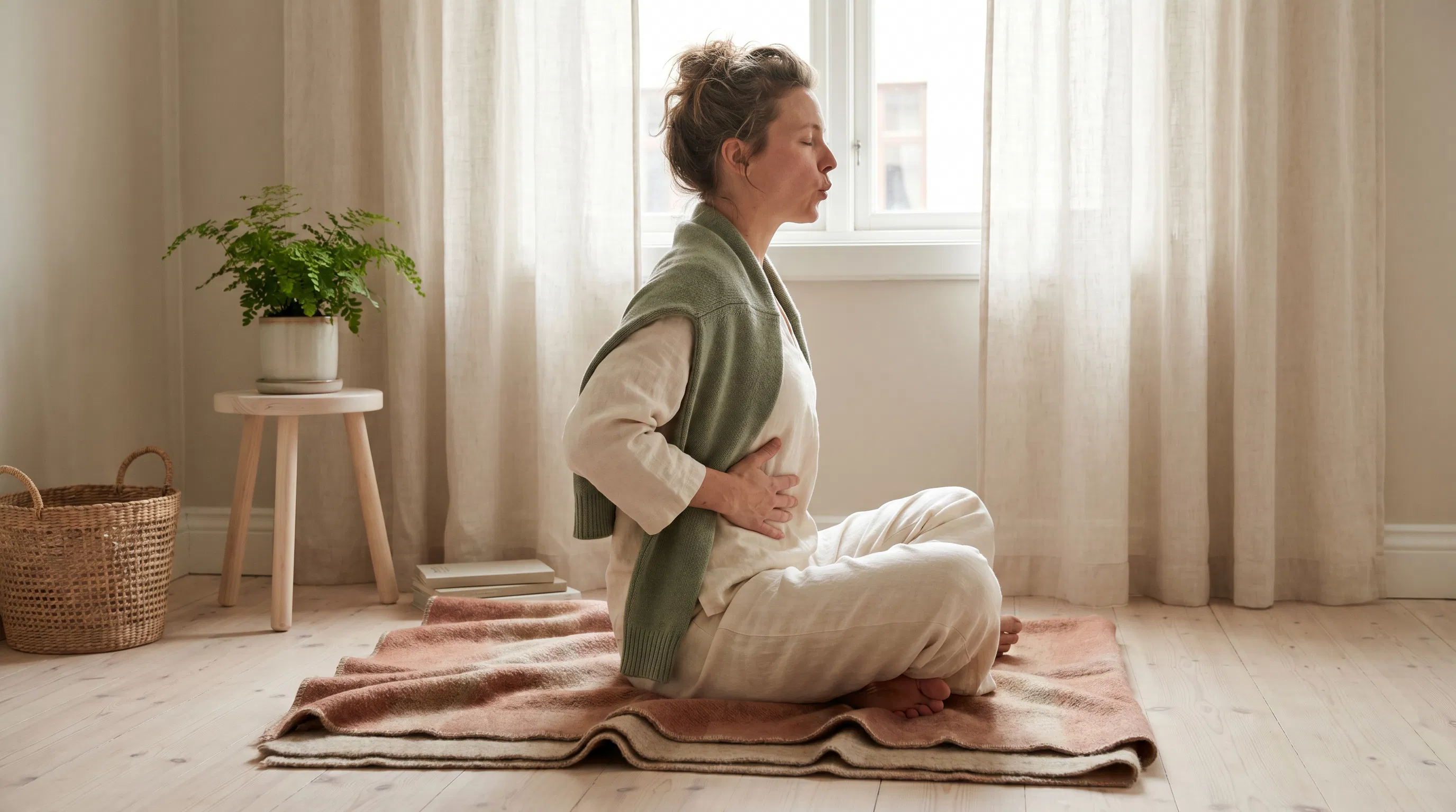 A person sitting near a window with one hand on the ribs, practicing a slow mouth exhale during cyclic sighing
