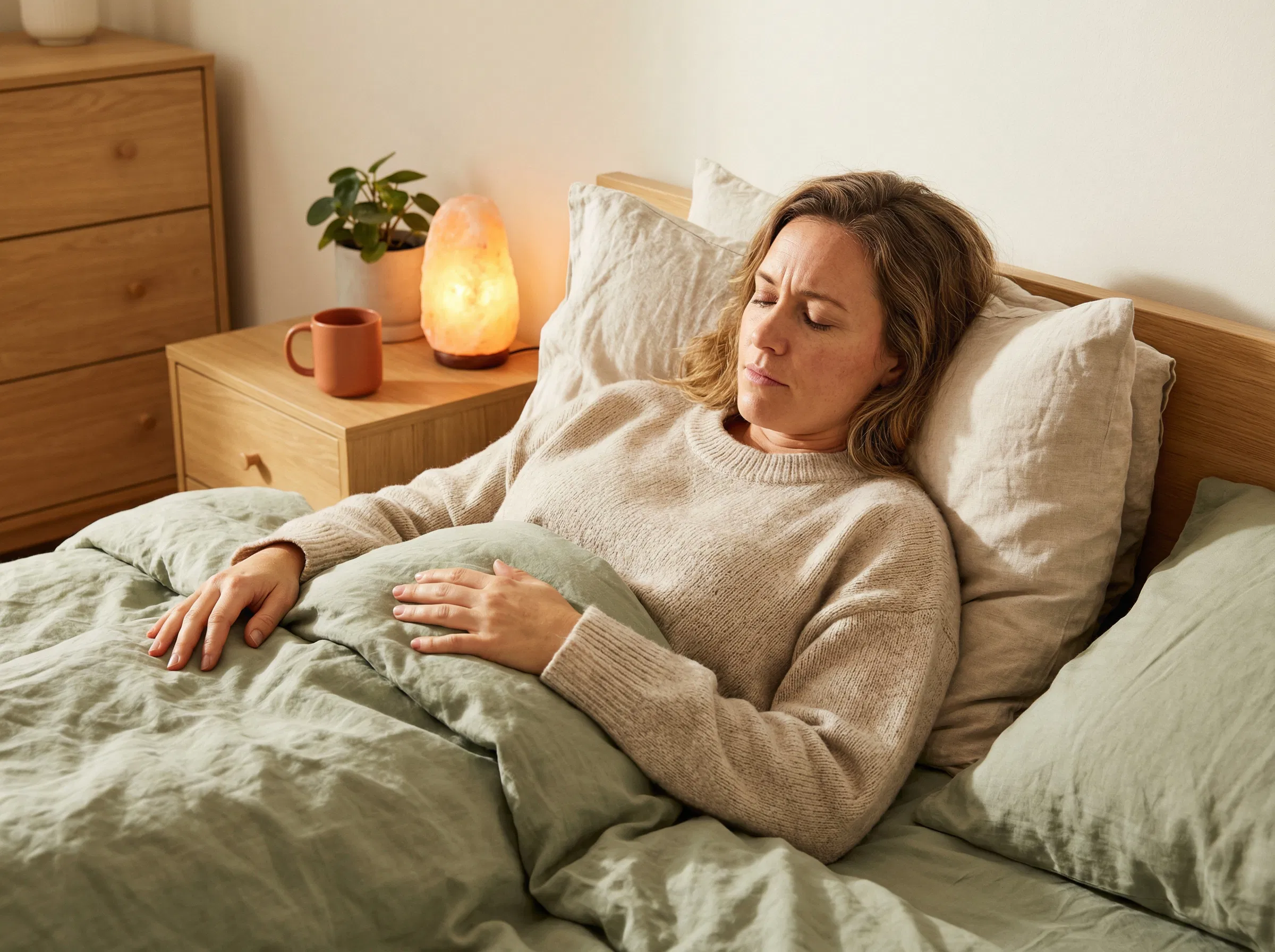 Mujer apoyada en la cama practicando respiración cuadrada con mano en el abdomen, iluminación ámbar cálida