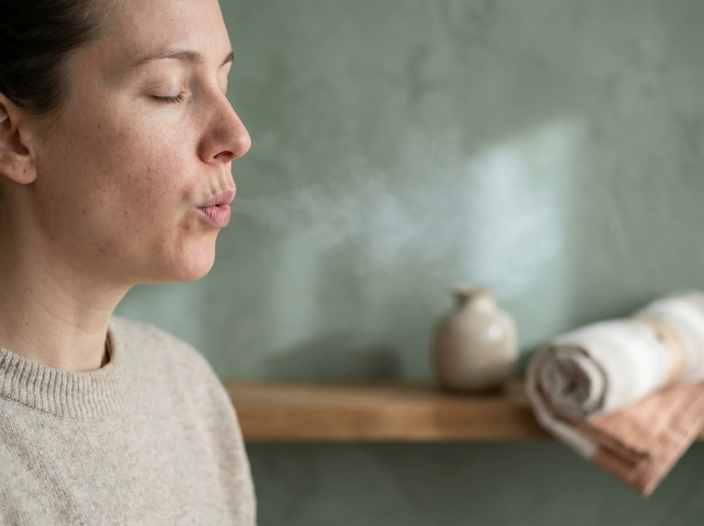 Nahaufnahme-Profil einer Person, die langsam durch gespitzte Lippen während einer Atemübung ausatmet