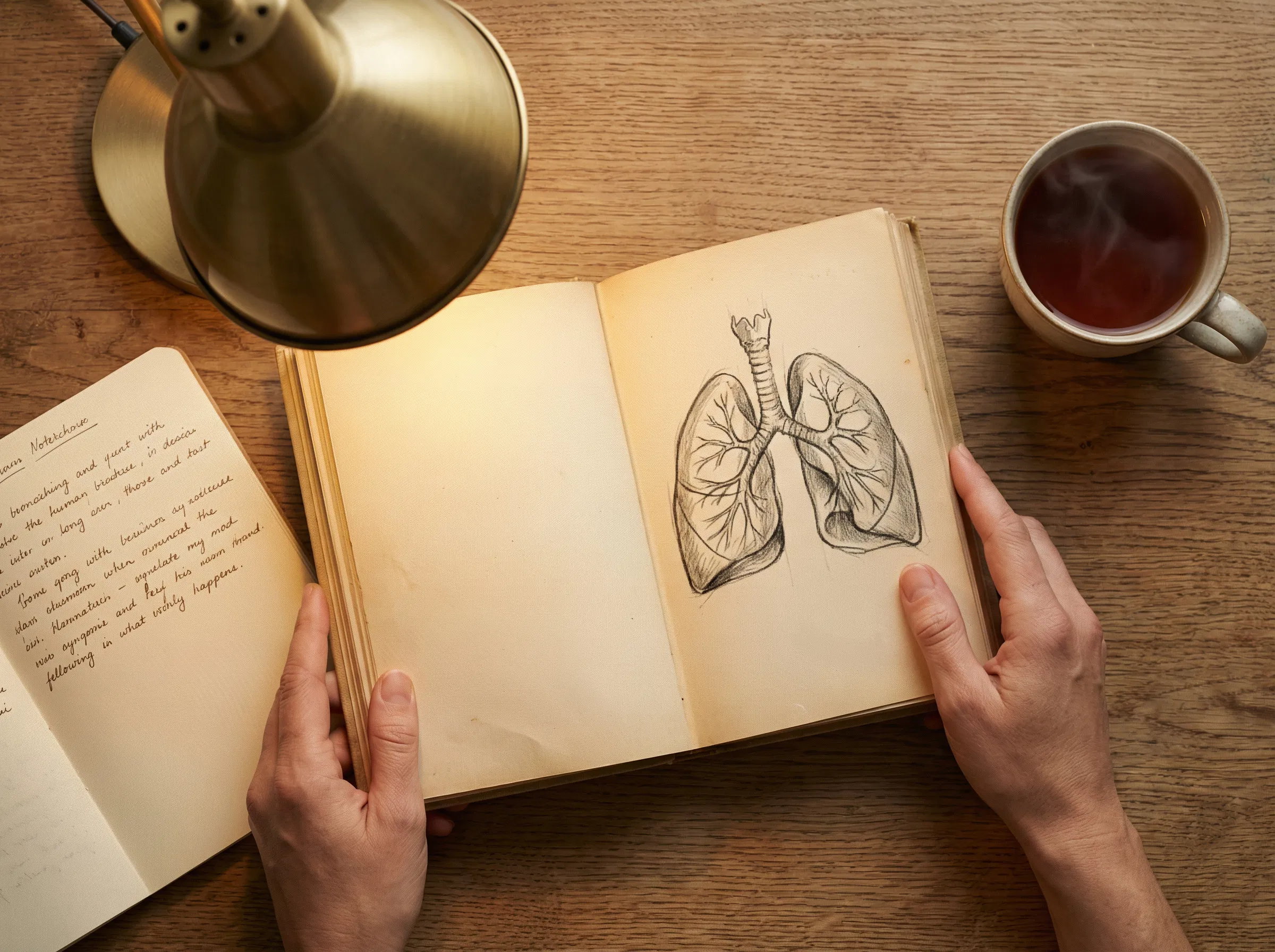 Aufgeschlagenes Buch zeigt Atemwegsdiagramm neben handschriftlichen Notizen und Tee