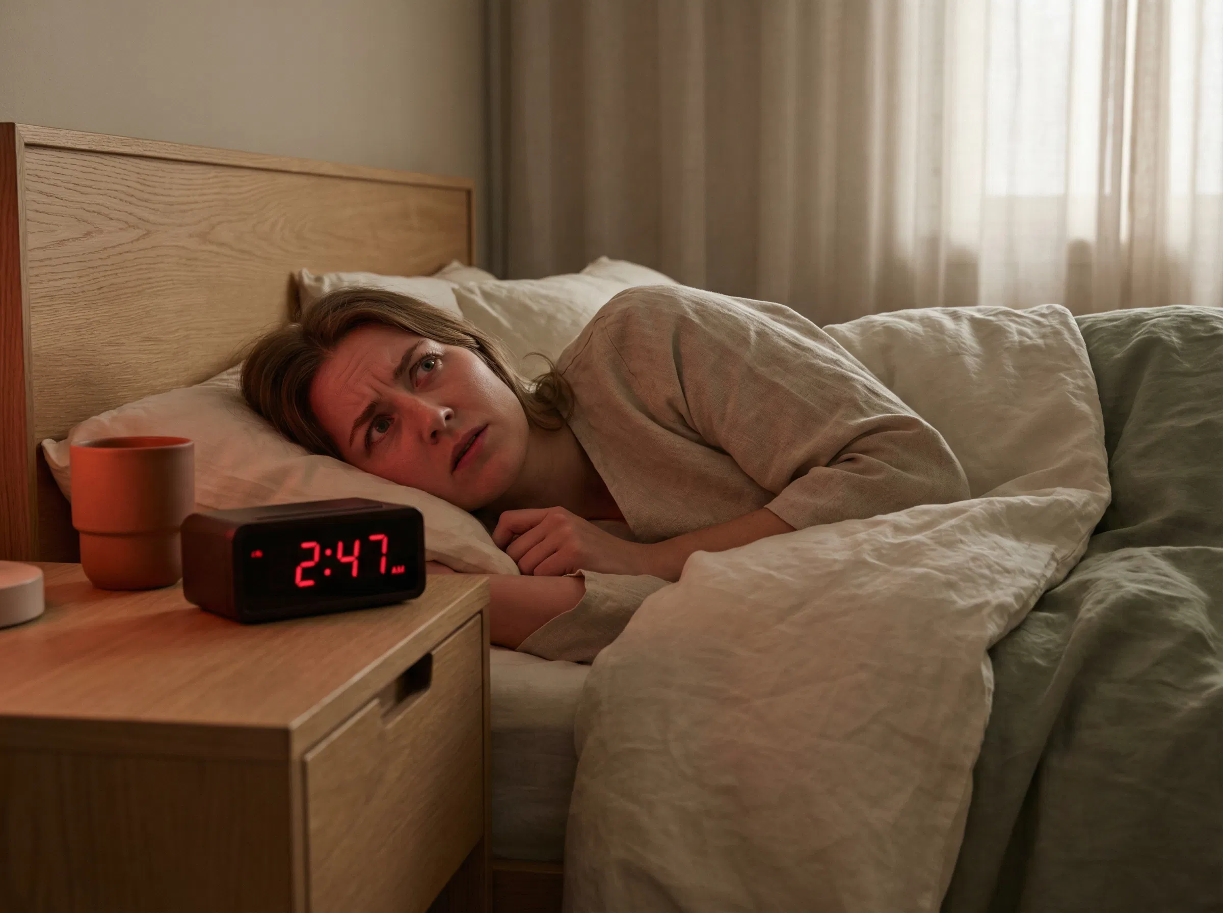 Vrouw wakker liggend om 2:47 uur 's nachts starend naar het plafond, niet in staat te slapen in stilte