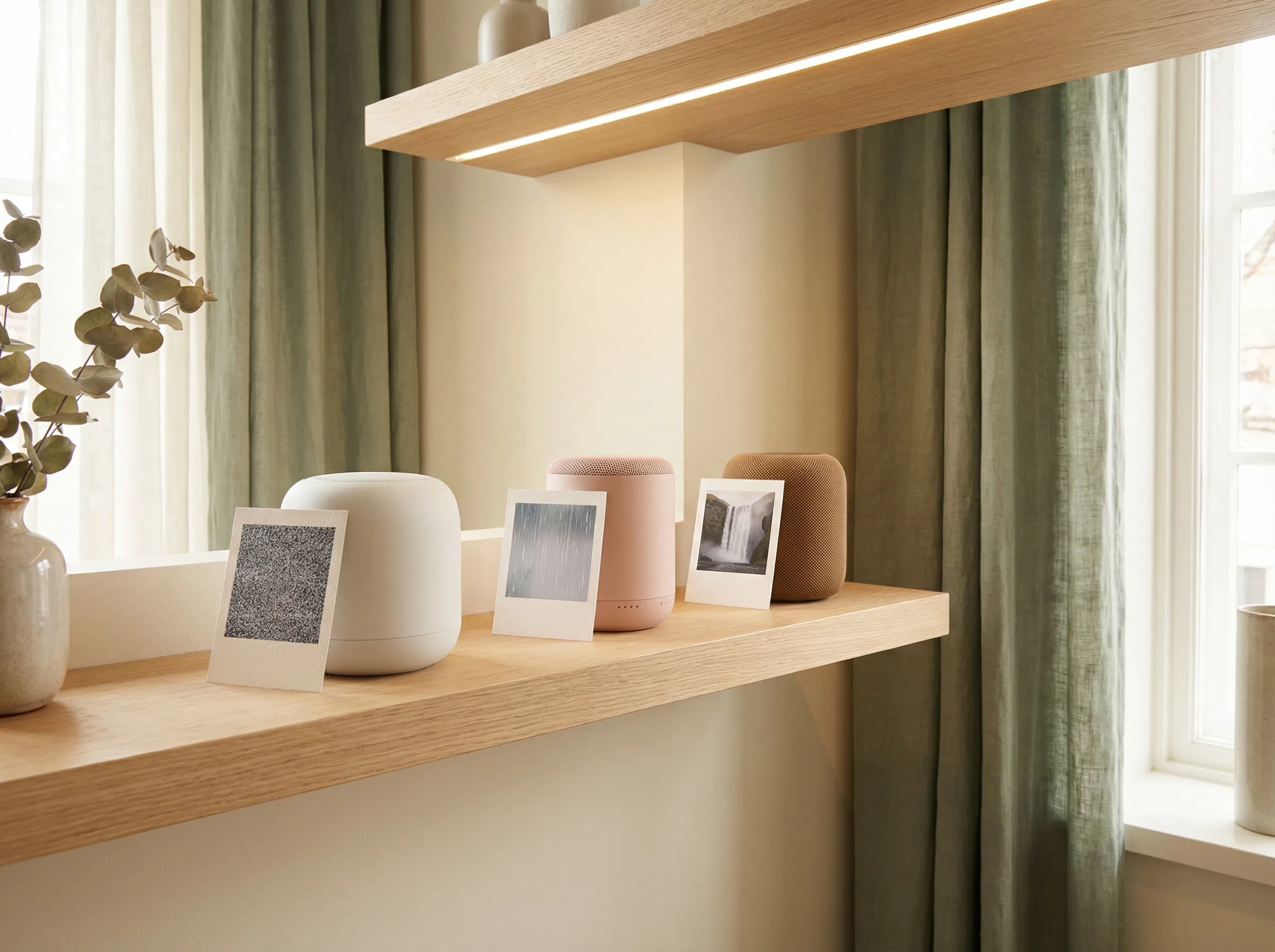 Drie speakers die witte, roze en bruine ruis vertegenwoordigen op een houten plank