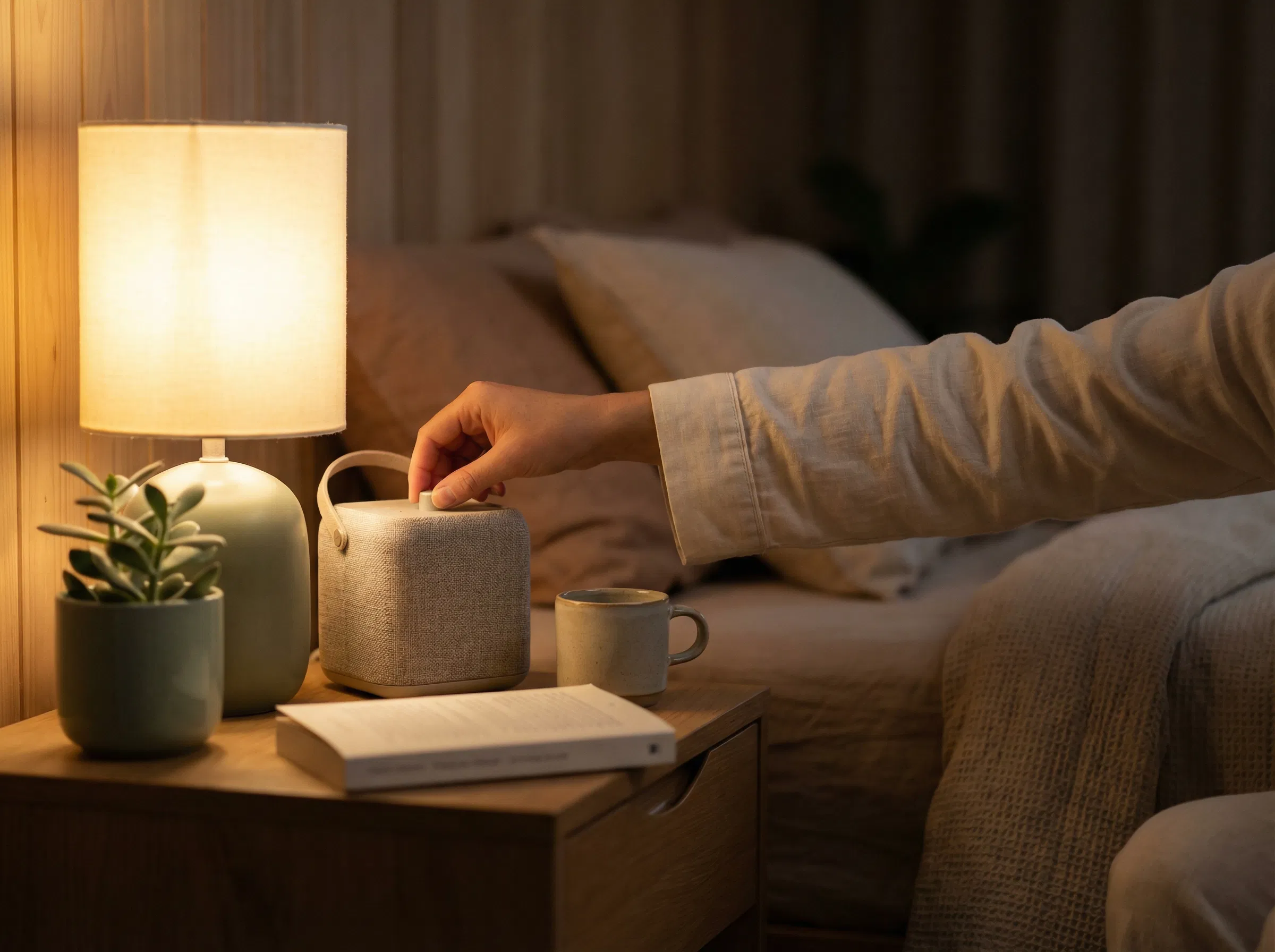 Hand reikt naar speaker op nachtkastje om volume aan te passen voor het slapen