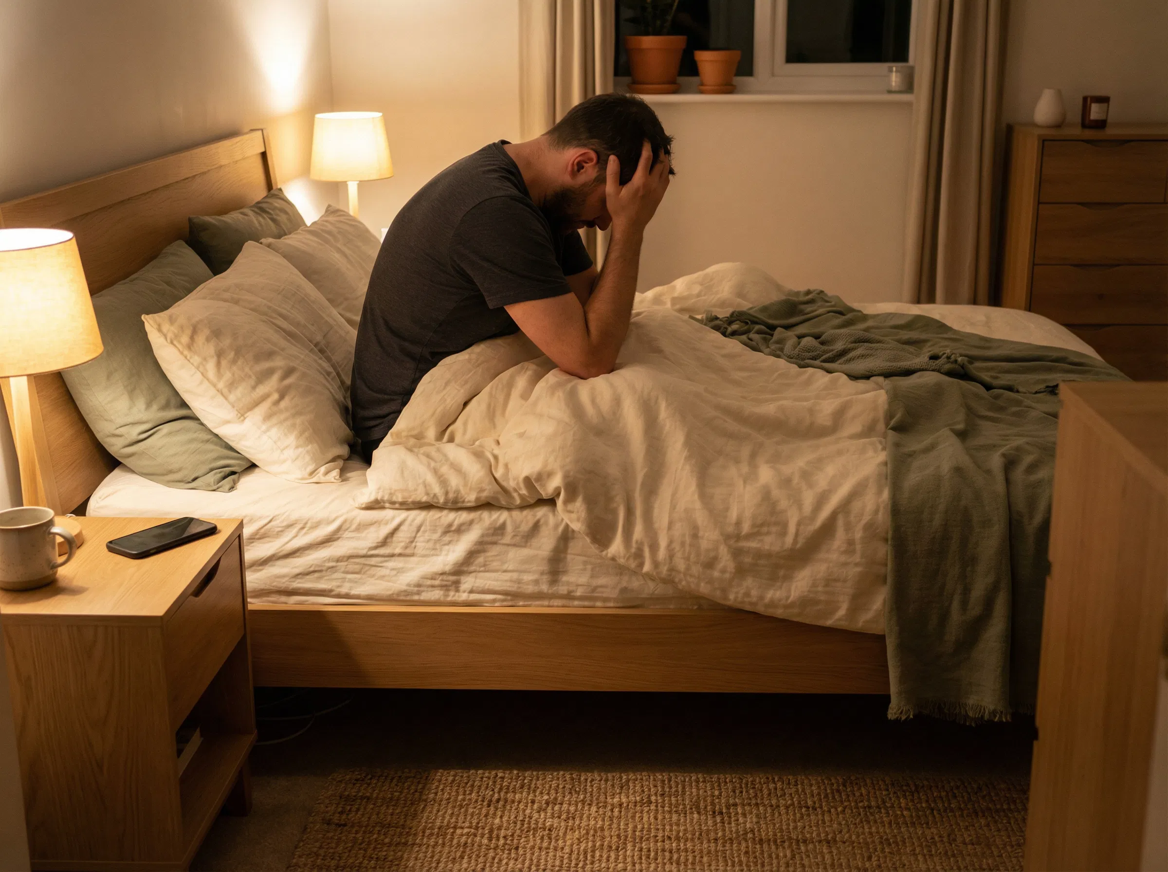 Hombre sentado en la cama por la noche con la cabeza entre las manos, incapaz de dormirse