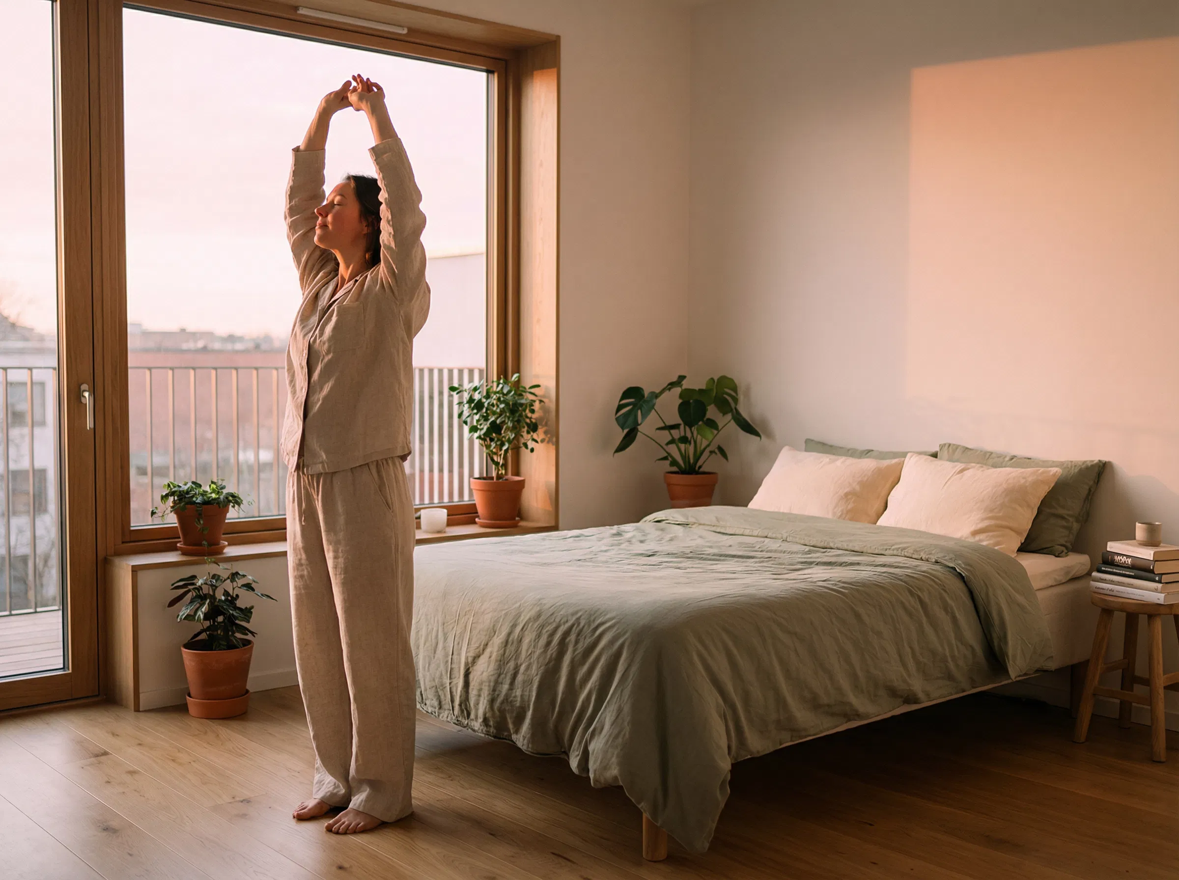 Persona estirĂˇndose junto a una ventana al amanecer, adoptando una rutina de despertar constante