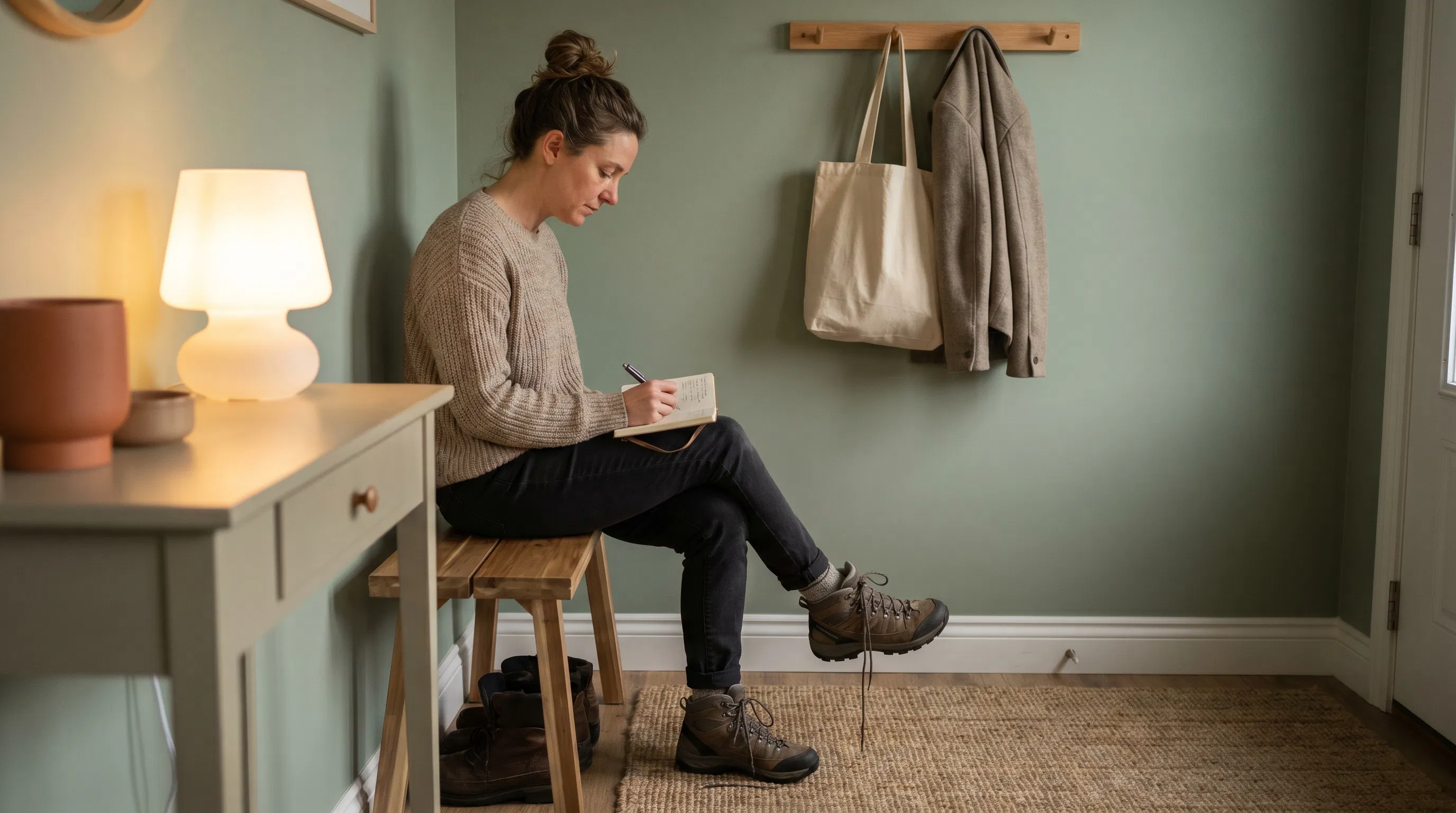 A tired person sitting on an entryway bench after a long day, writing one small gratitude note in a notebook