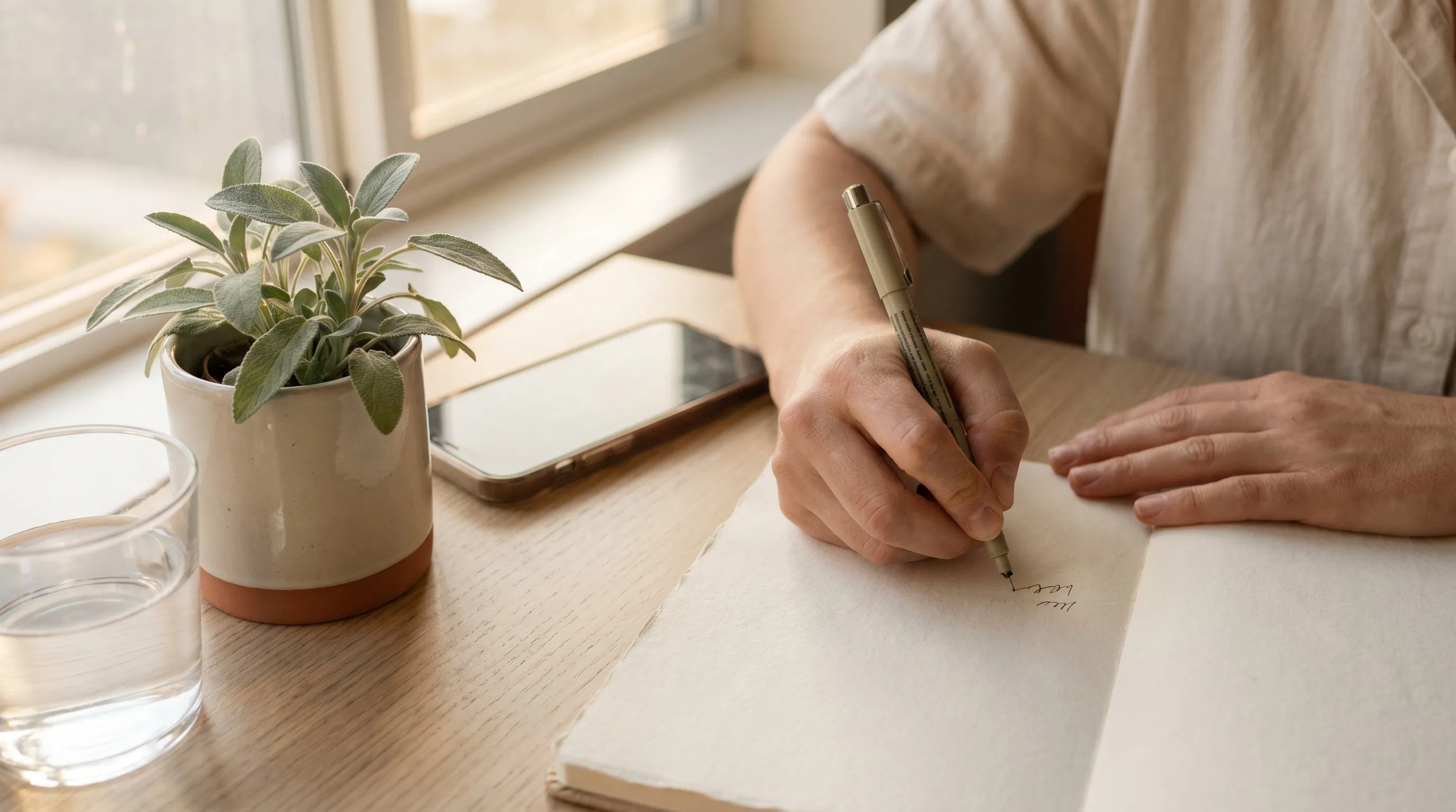 A close-up of a hand writing a short gratitude entry in a notebook beside a phone set face down