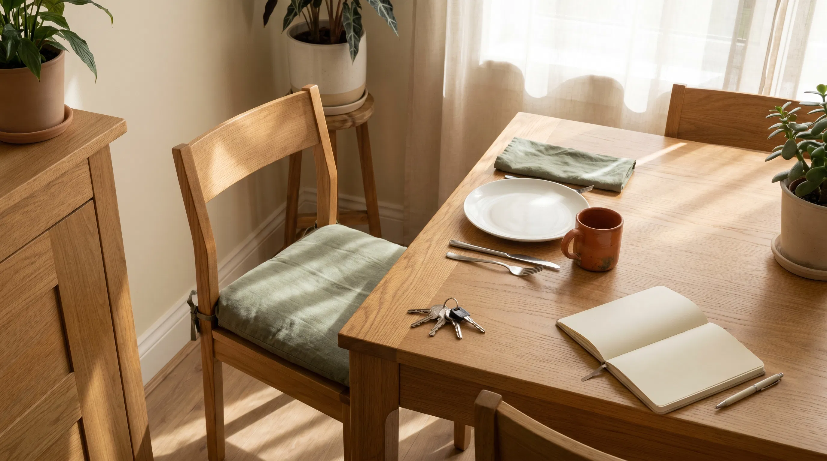 An empty breakfast chair, keys, and an open notebook showing a gratitude subtraction prompt scene