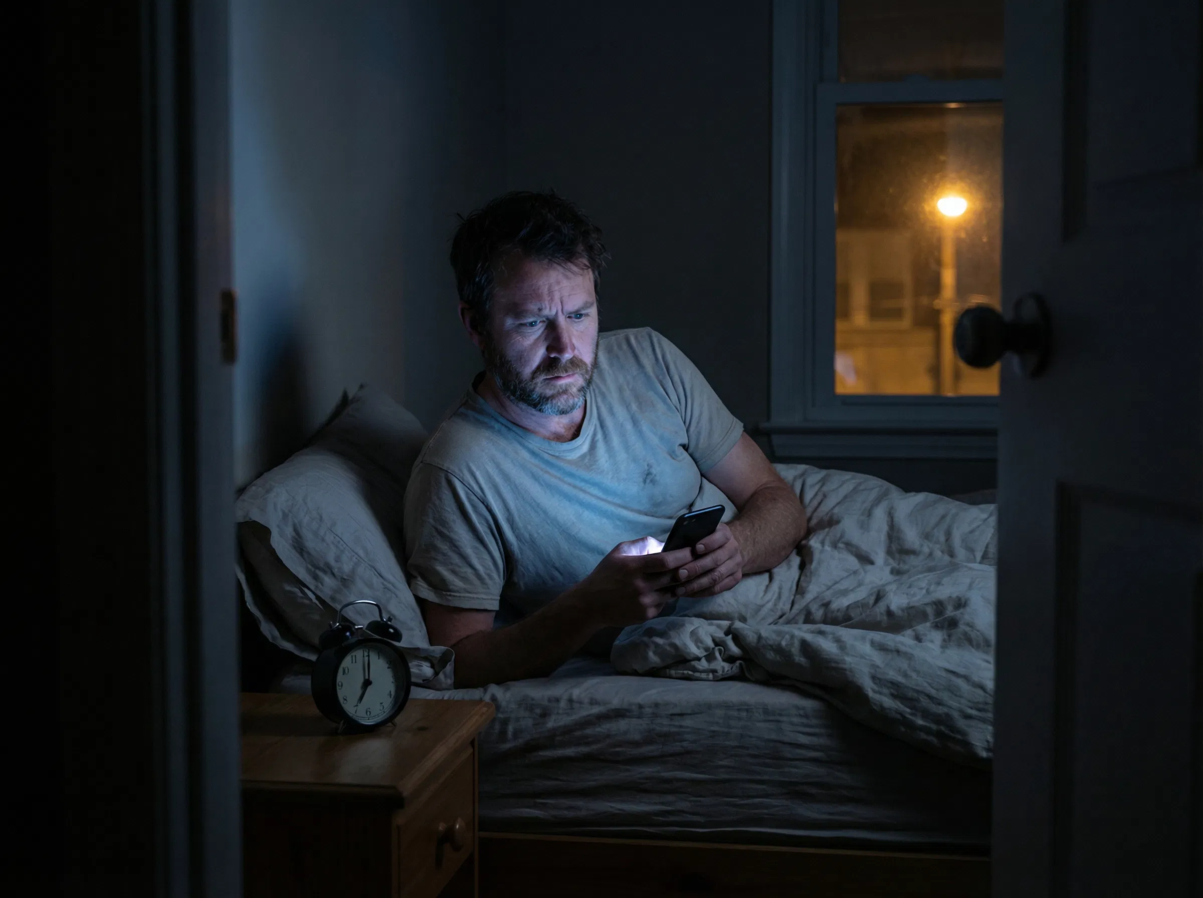 Mann sitzt nachts im Bett und scrollt auf seinem Handy, blaues Bildschirmlicht beleuchtet seinen ruhelosen Gesichtsausdruck und einen Wecker auf dem Nachttisch