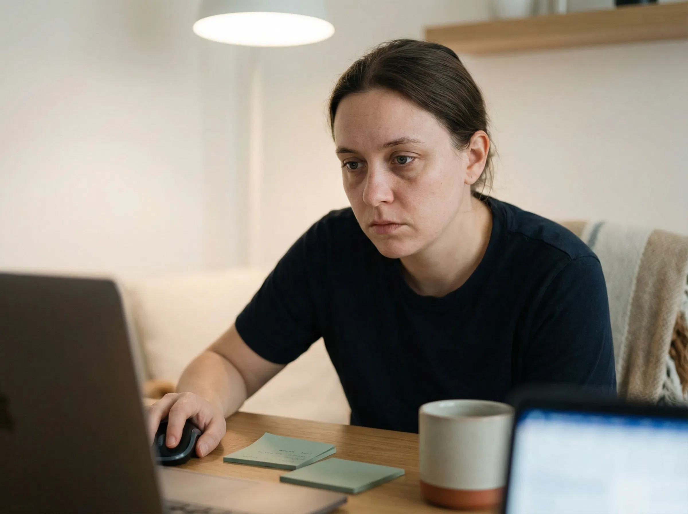 Pessoa olhando fixamente além da tela do laptop com olhar vazio, mostrando depleção cognitiva
