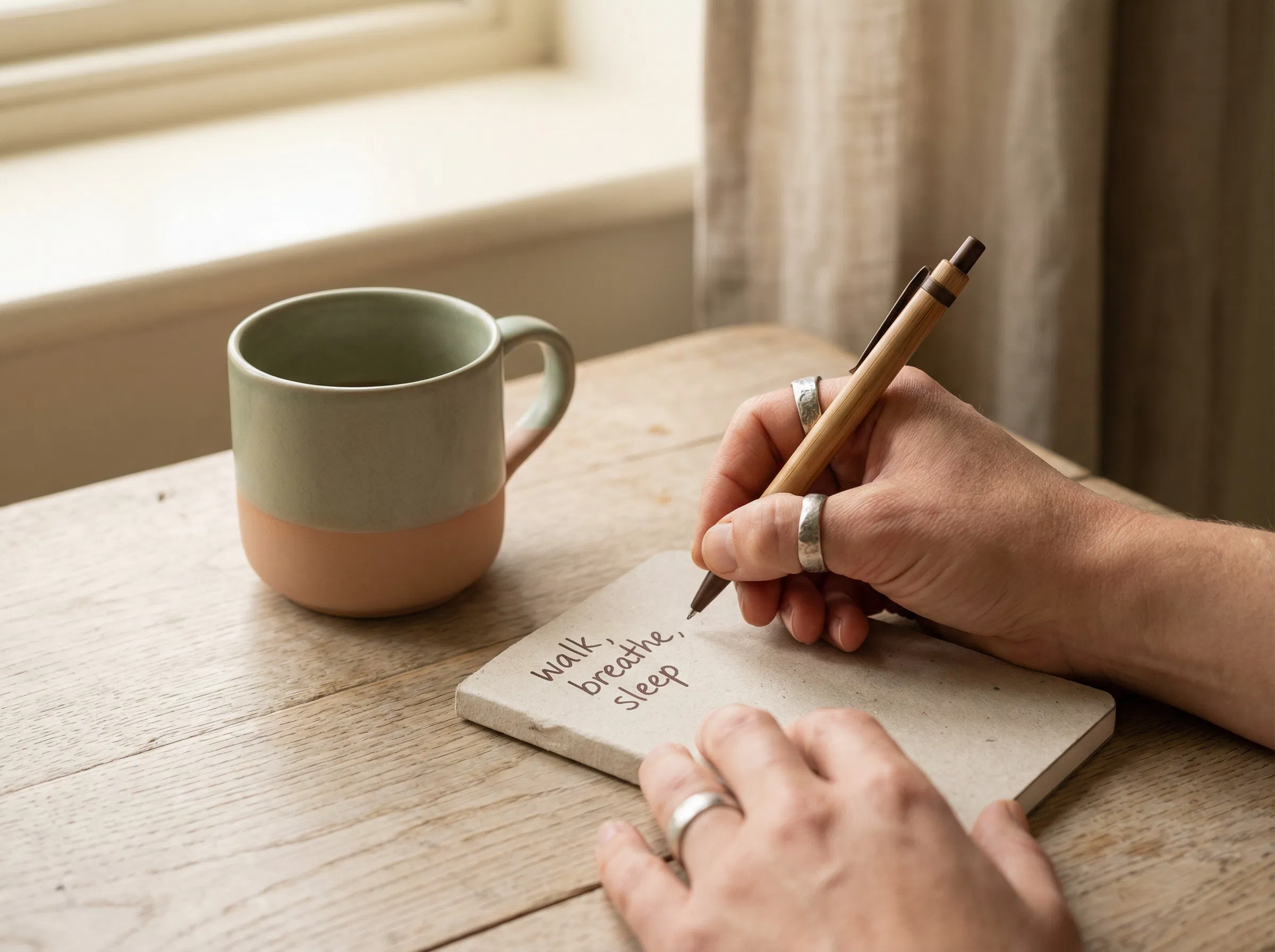 MĂŁo escrevendo trĂŞs passos simples de recuperaĂ§ĂŁo em um caderno: caminhar, respirar, dormir