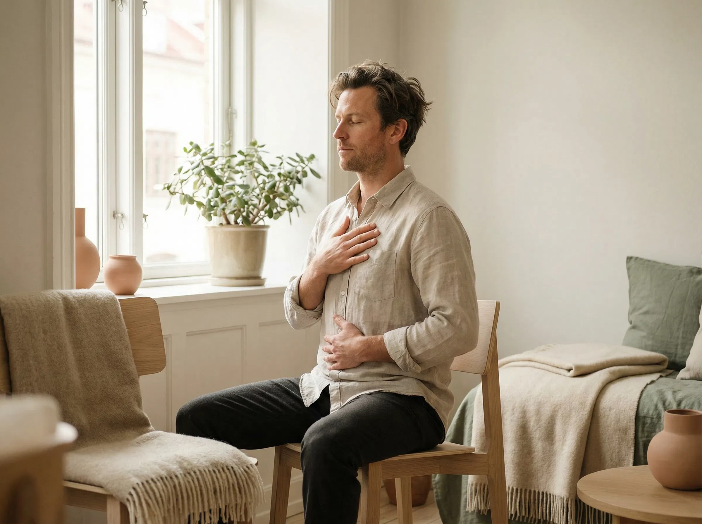 Homme pratiquant la technique de respiration carrée avec les mains sur la poitrine et l'abdomen, yeux fermés, assis droit sur une chaise en bois avec lumière naturelle de fenêtre