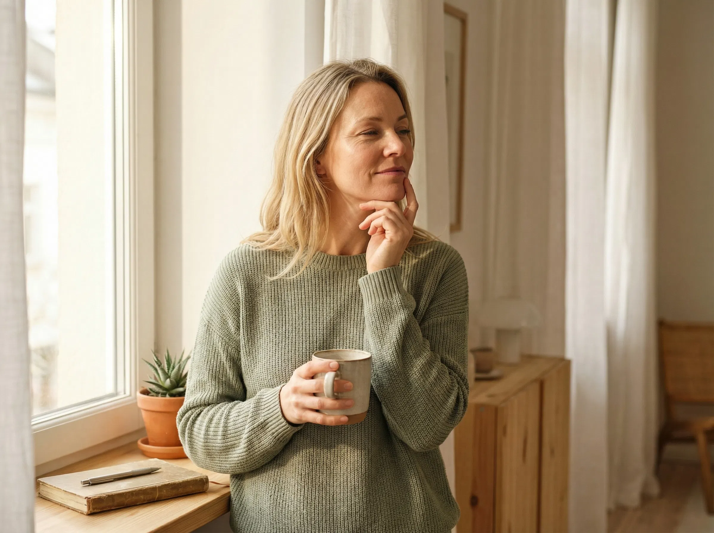 Femme debout près de la fenêtre avec un café, main touchant la mâchoire, montrant un moment de conscience de soi et de reconnaissance des premiers schémas de rumination