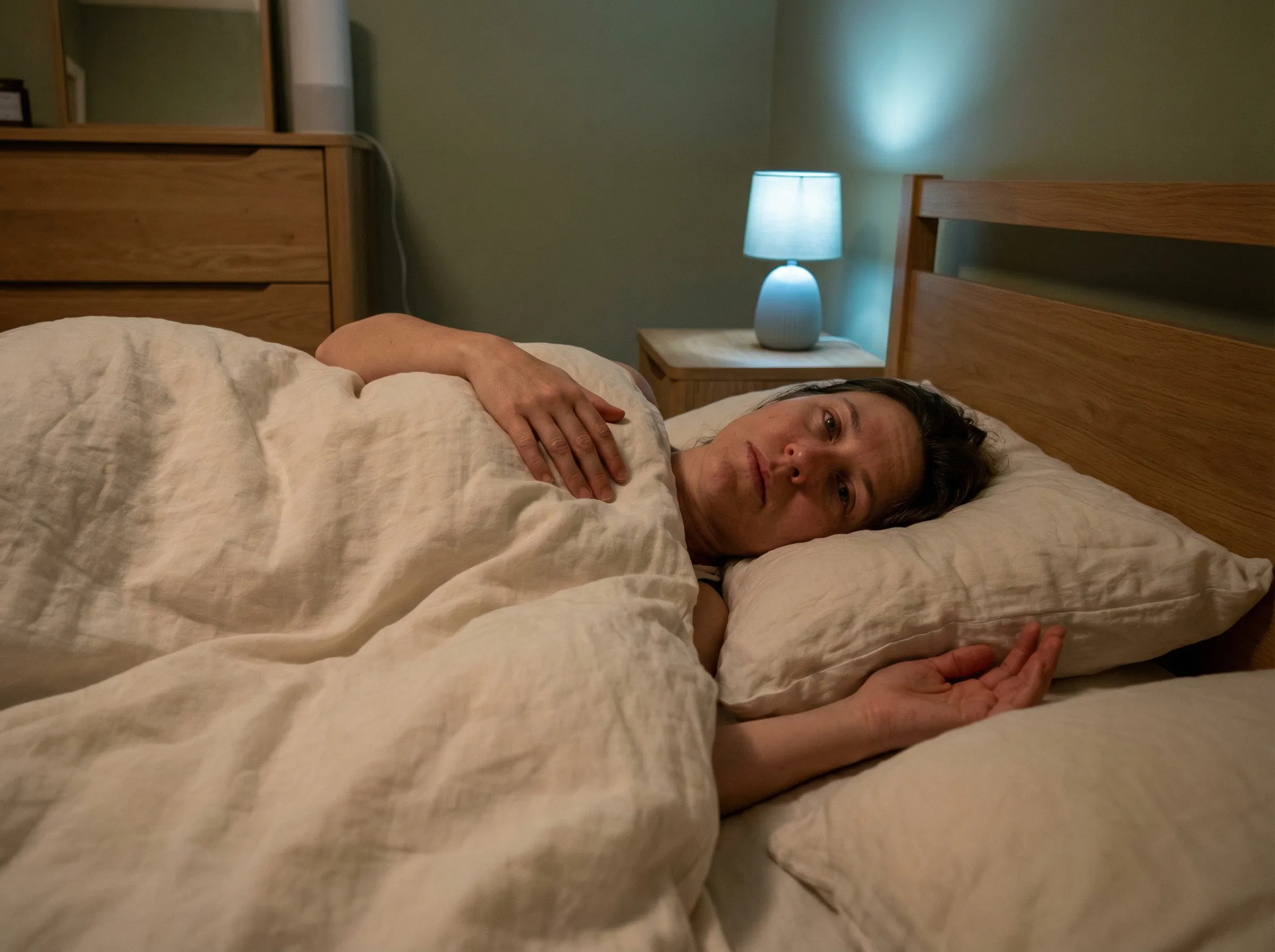 Personne allongée éveillée dans le lit la nuit avec les yeux ouverts fixant le plafond, éclairée par une lampe de chevet tamisée, montrant l'insomnie et la rumination nocturne