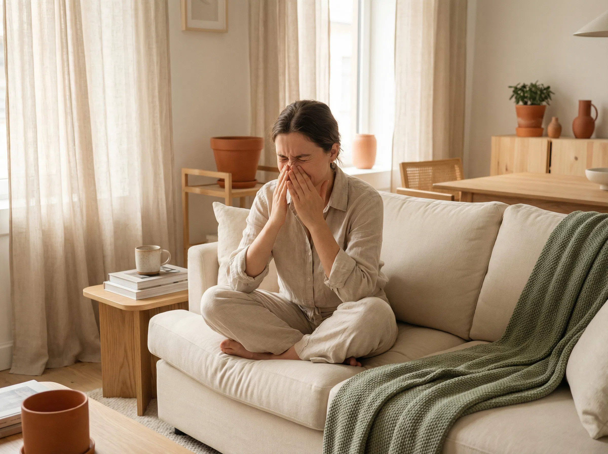 Femme assise sur un canapé avec les mains agrippées à la tête, yeux fermés dans la concentration, montrant l'effort mental et la frustration