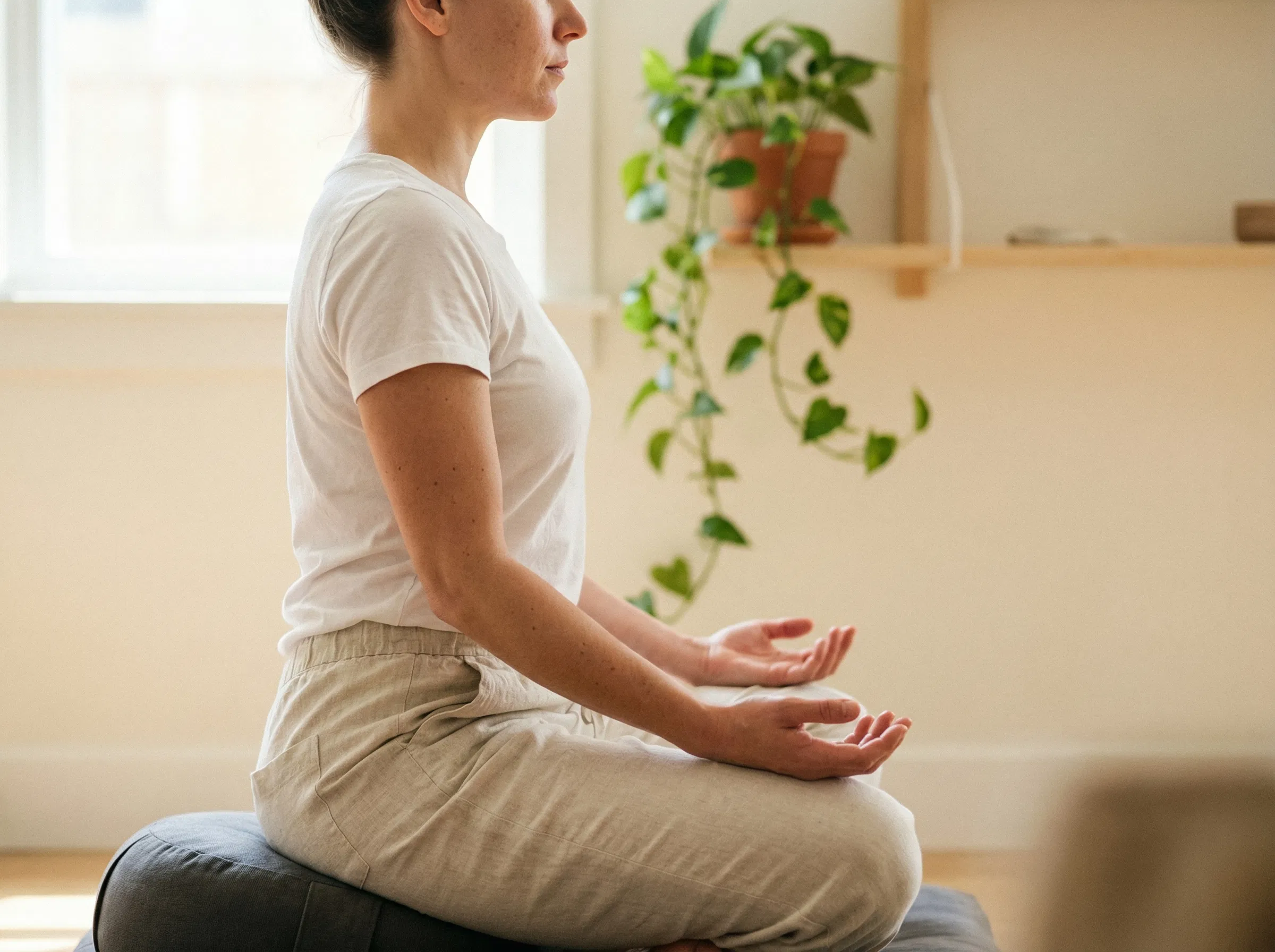 Vue latĂ©rale de la posture de mĂ©ditation correcte en sept points montrant l'alignement de la colonne et des mains