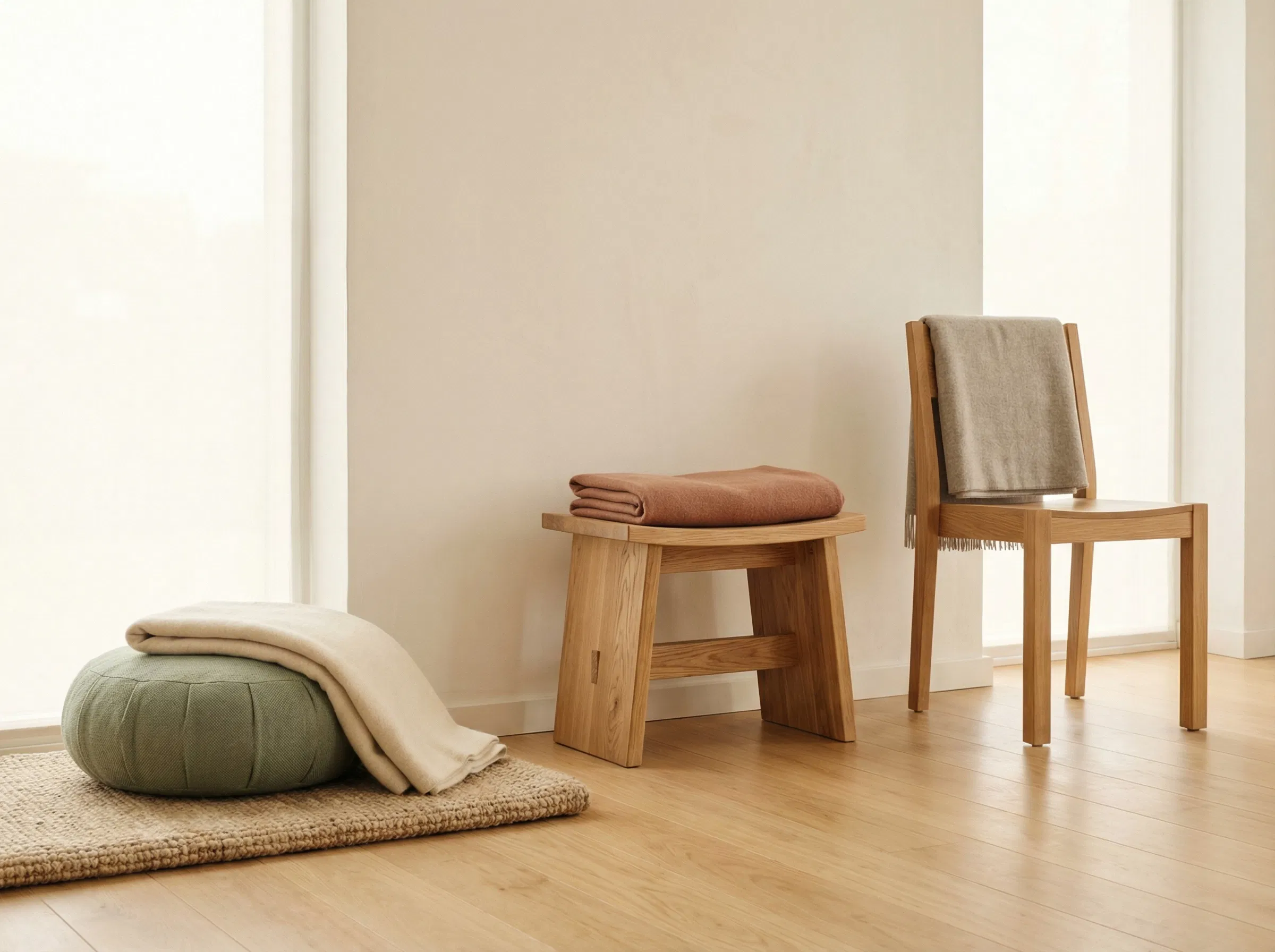Trois options d'assise pour la mĂ©ditation cĂ´te Ă  cĂ´te : coussin zafu, banc en bois et chaise