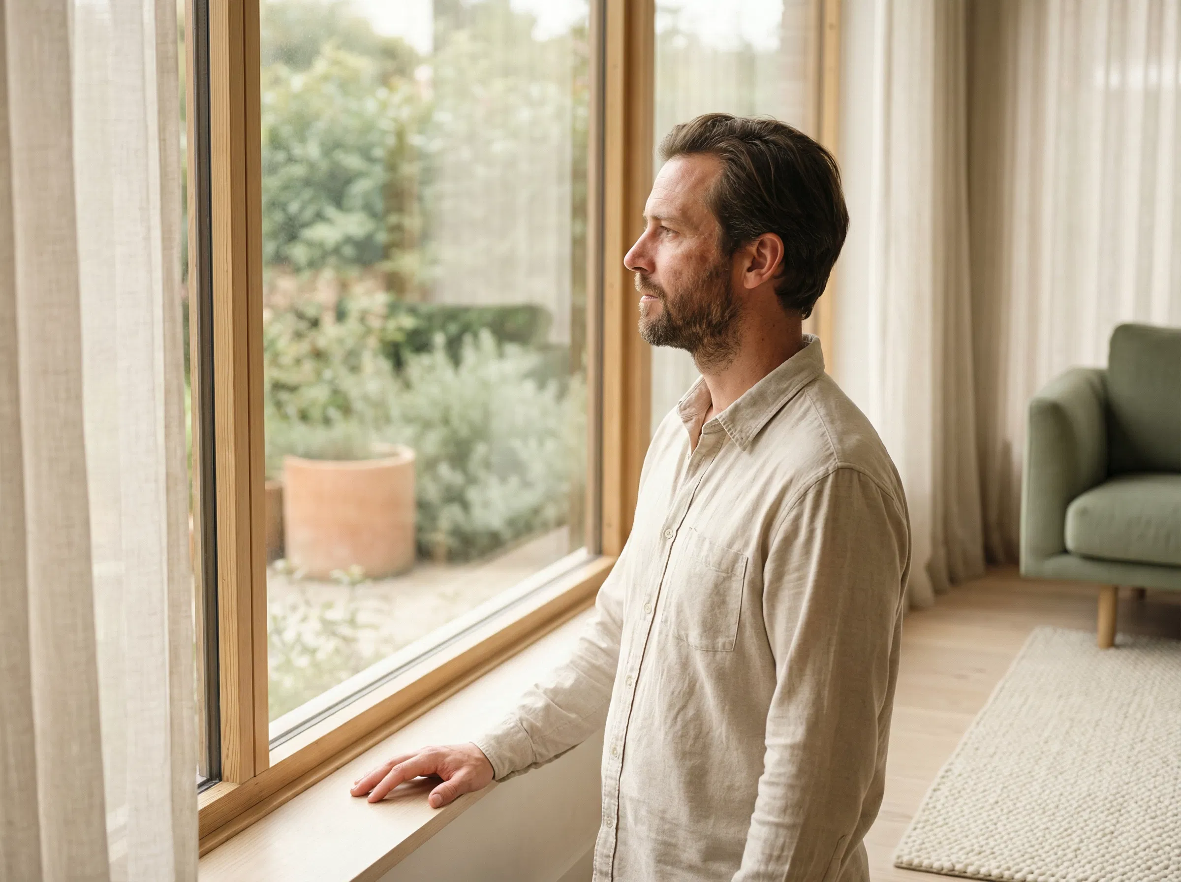 Hombre de pie en postura del observador junto a ventana con postura firme observando pasar los pensamientos