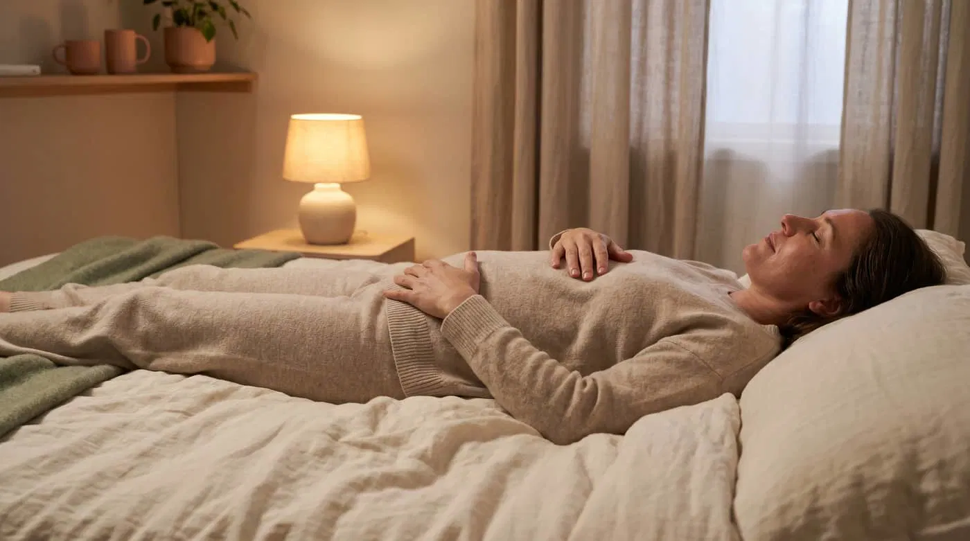 Person practicing a gentle body scan in a quiet bedroom with one hand on the belly
