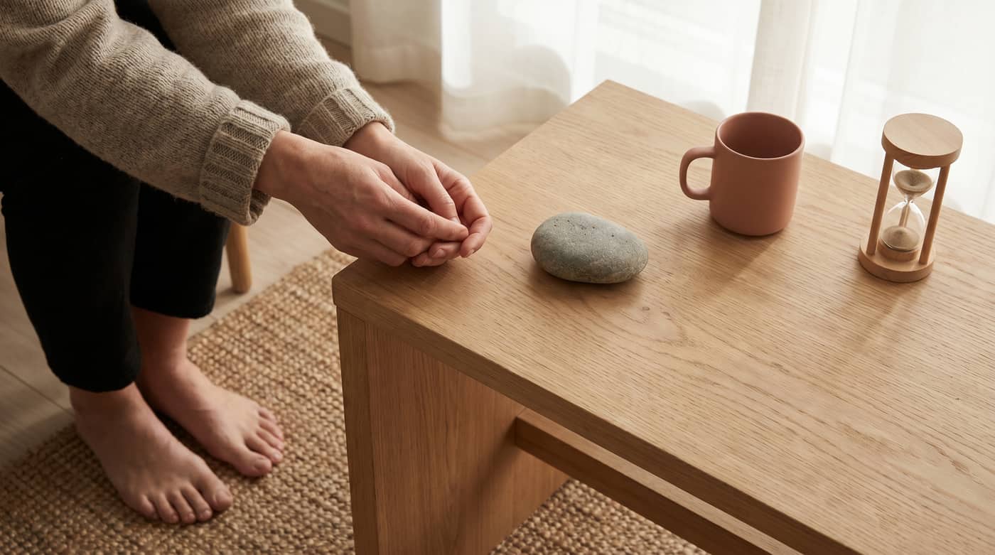 Hands resting near a smooth grounding stone, mug, and timer during a short mindfulness practice