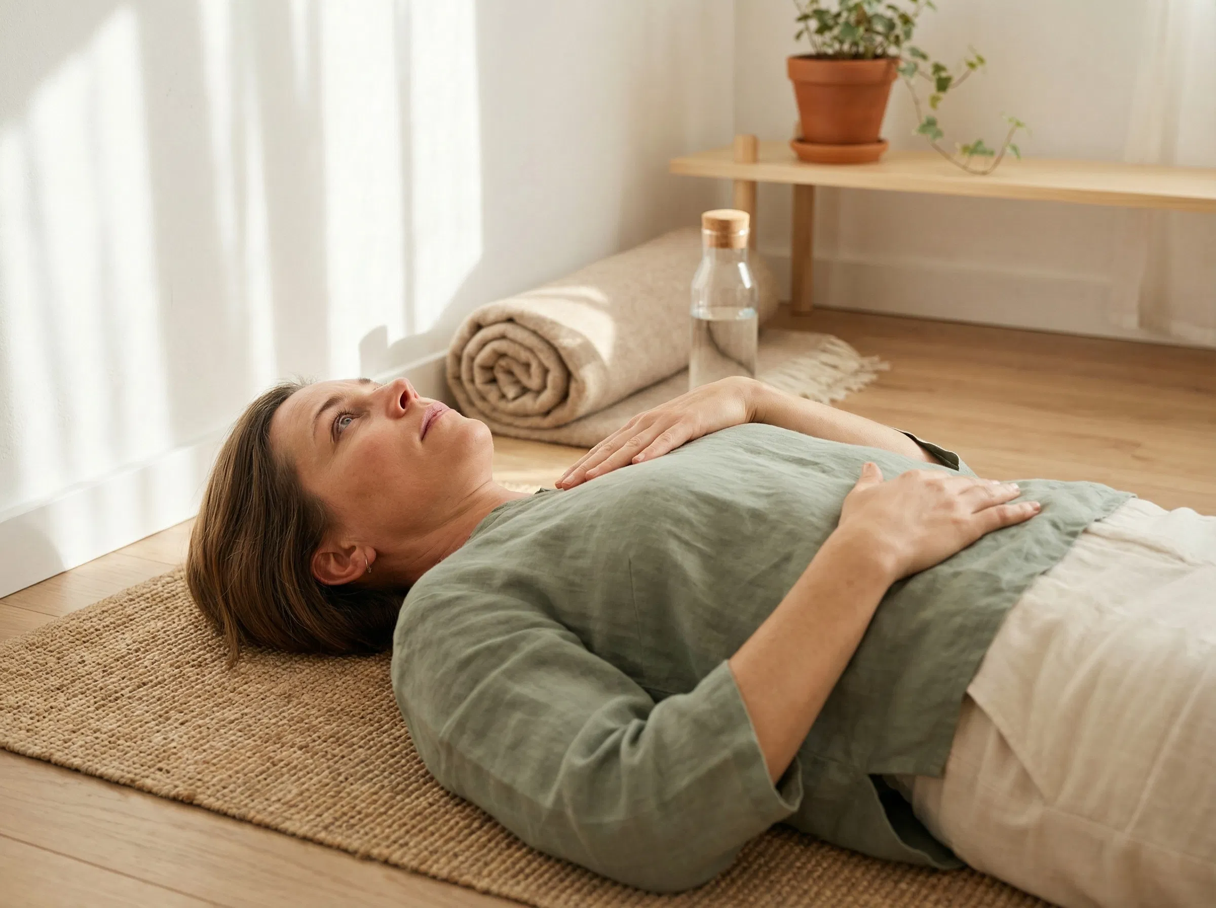 Donna sdraiata sul tappetino yoga con mani su pancia e petto, tracciando respiro e spostamenti del sistema nervoso con consapevolezza focalizzata